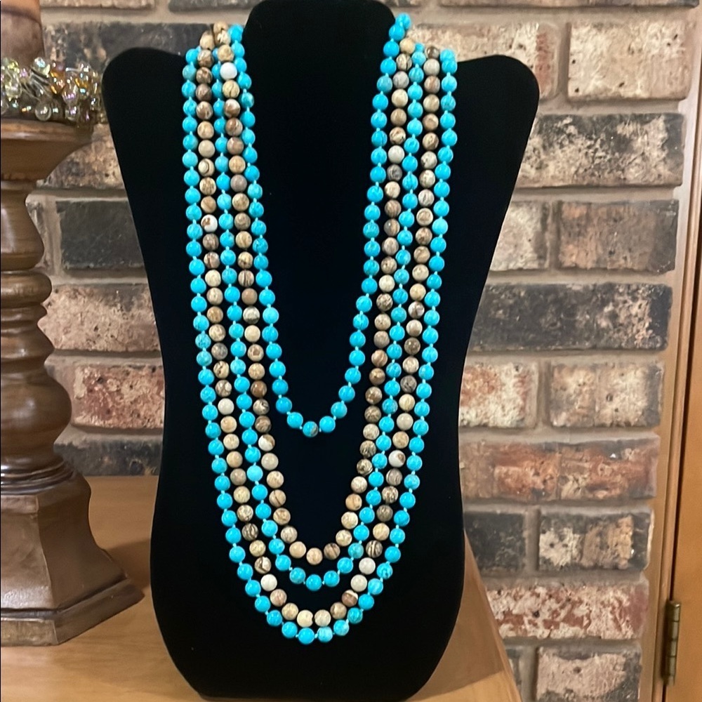 2 Natural Jasper long individually knotted necklaces.